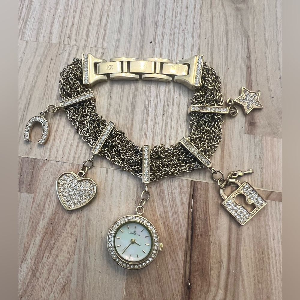 Anne Klein Gold Tone & Rhinestones Charm Bracelet bling watch NEW BATTERY - Picture 3 of 14